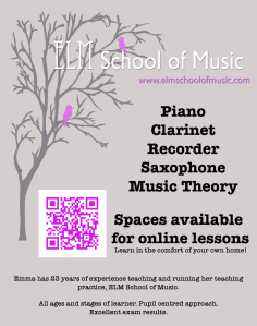 Piano
Clarinet
Recorder
Saxophone
Music Theory
Spaces available for online lessons
Learn in the comfort of your own home!
Emma has 23 years of experience teaching and running her teaching practice, ELM School of Music.
All ages and stages of learner. Pupil centred approach.
Excellent exam results.